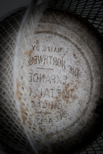 early 20th century american industrial "nemco" factory office "expanded" metal mesh waste can with flared rim