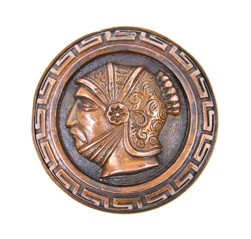 highly collectible early 1880's ornamental cast bronze "roman head" residential exterior doorknob with footed shank