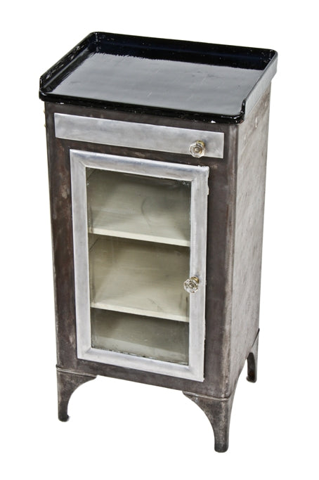 c. 1930's vintage american medical brushed metal hospital supply aseptic cabinet with detachable cast iron raised edge top
