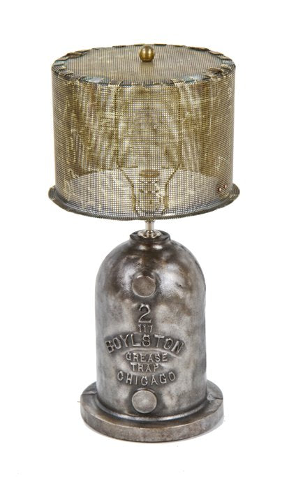 repurposed american 20th century vintage industrial "no.2" grease trap table or desk lamp with perforated brass strainer shade