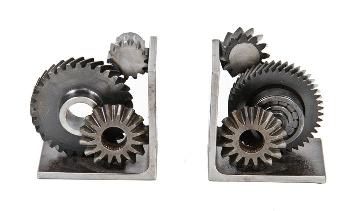 matching set of repurposed american industrial "machine age" solid steel welded joint gear and/or sprocket bookends