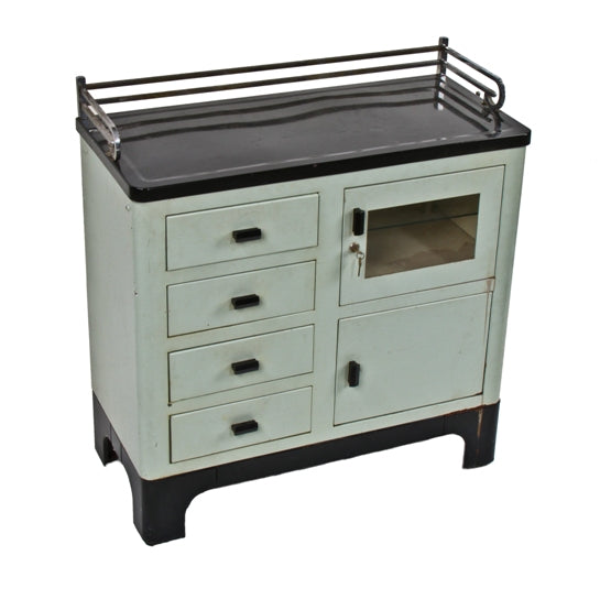 original c. 1930's american art deco multi-drawer enameled heavy gauge art deco style dentist's cabinet with chrome rail gaurds