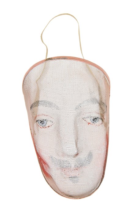 original early 20th century american metal wire mesh ceremonial oddfellows face mask with hand-painted facial features