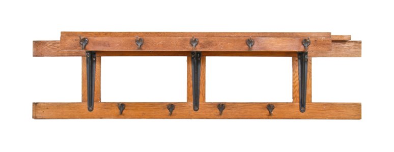 early 20th century american wall-mount interior train depot luggage room solid oak wood garment rack with cast iron double hooks