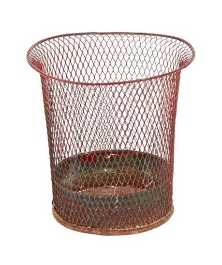 c. 1919 chicago office building "nemco" red enameled metal mesh waste basket with a flared rolled rim top