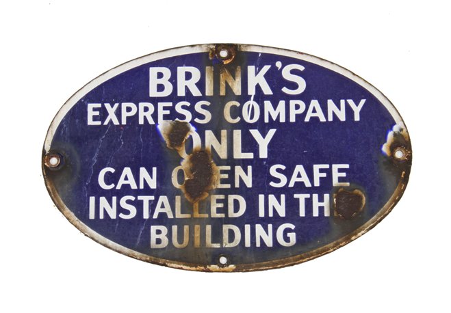 original c. 1930's single-sided american cold-rolled steel cobalt blue porcelain enameled brink's express agency exterior building sign