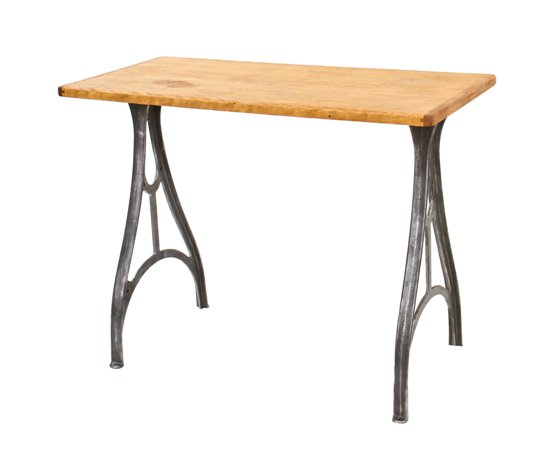 repurposed late 19th century clean-cut and curvaceous cast iron lathe machine base with maple wood tabletop