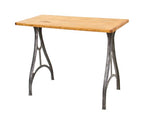 repurposed late 19th century clean-cut and curvaceous cast iron lathe machine base with maple wood tabletop
