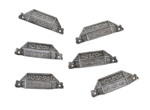 six matching original c. 1870's antique american victorian era ornamental cast iron faceted druggists' cabinet drawer pulls