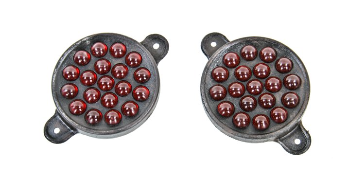 matching set of c. 1930's vintage industrial single-sided railroad and/or automotive reflector signals with ruby red glass "marbles"