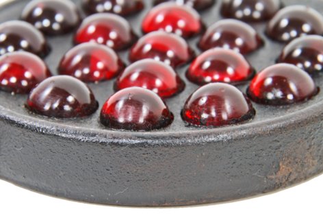 matching set of c. 1930's vintage industrial single-sided railroad and/or automotive reflector signals with ruby red glass "marbles"