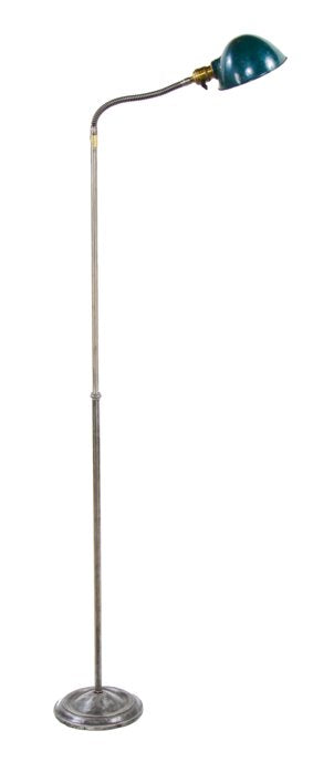 c. 1930's vintage industrial american adjustable height gooseneck arm floor lamp with green enameled hubbell parabola-shaped shade