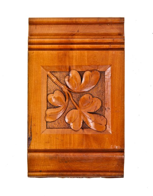original and intact c. 1870's american eastlake style interior residential cherry wood hand-carved header block with intricate leafage