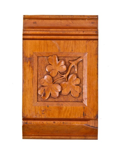 one of a kind c. 1879 interior residential solid cherry wood hand-carved passage door header block with trefoil leafage