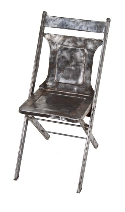 hard to find c. 1920's american industrial heavy gauge folded and pressed brushed steel four-legged portable folding chair