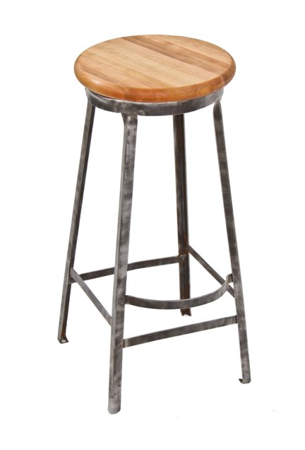 late 1930's vintage american industrial welded joint four-legged factory stool with stationary solid maple wood seat