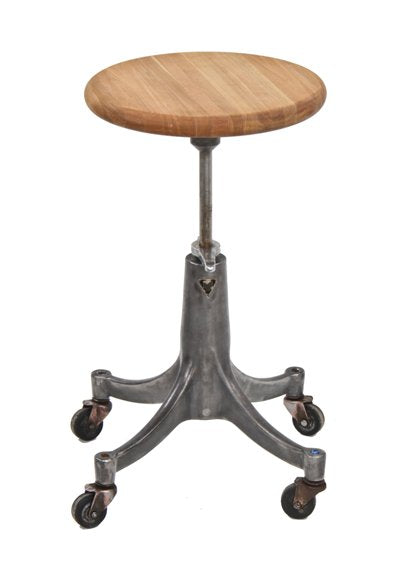 c. 1930's vintage medical weighted cast iron mobile b & l adjustable height hydraulic optometrist stool with maple wood seat