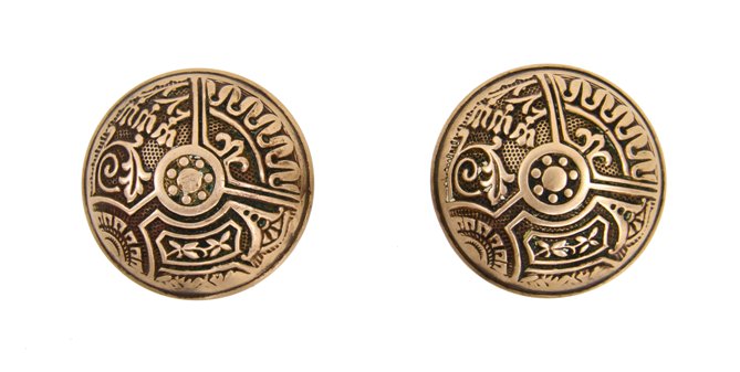 matching set of original late 19th century eastlake style "ceylon" pattern wrought brass passage size doorknobs
