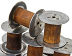 complete set of vintage american industrial stackable steel flange spools with custom built reinforced metal rack