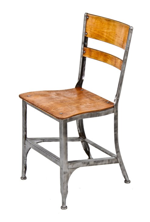practical and sturdy refinished c. 1930's american industrial "toledo" stationary classroom side chair with maple wood seat and backrest