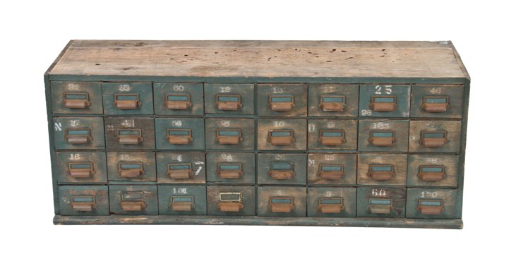c. 1920's custom-built reinforced painted oak wood locomotive mechanic multi-drawer "small parts" cabinet with cast iron pulls