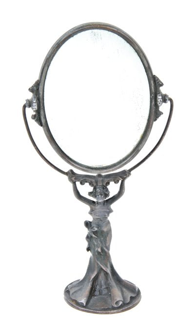 all original antique american freestanding french bevel glass adjustable vanity mirror with unique costumed figure