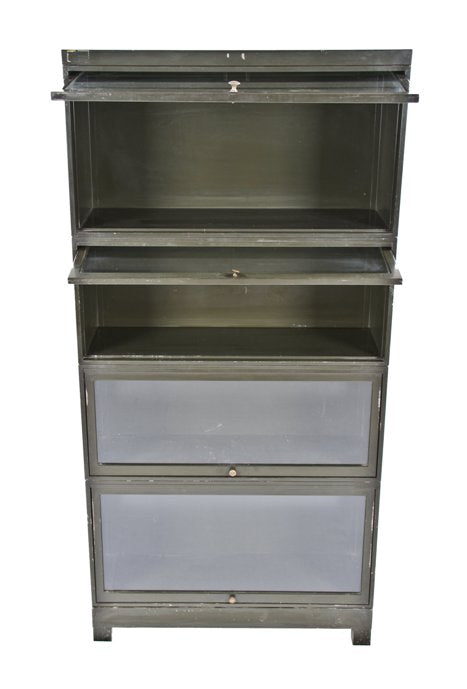 late 1930's completely intact four unit olive green enameled furniture sheet steel stackable barrister bookcase with four-legged base
