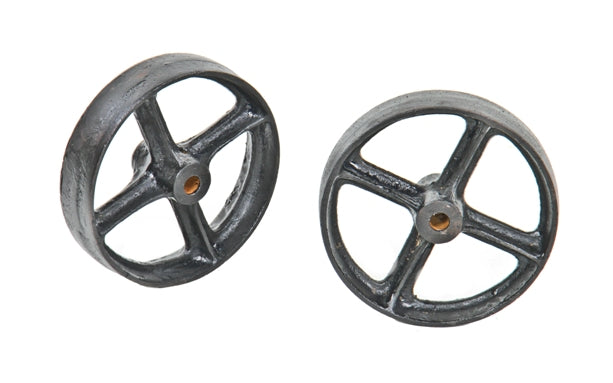 set of original early 20th century american industrial solid cast iron spoked furniture truck wheels with black enameled finish
