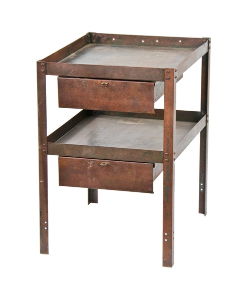 depression era stamp & die works factory cold-rolled steel industrial two tier stationary cart with pull-out drawers