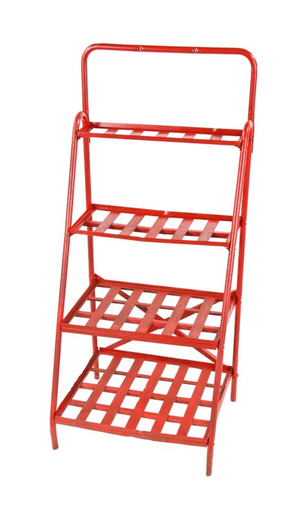 original c. late 1930's american depression era cherry red painted slanted front multi-tier corner store beverage display rack
