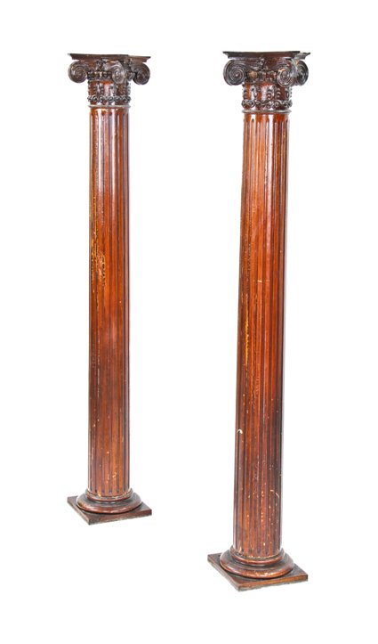impressive late 19th century american victorian era varnished oak wood residential fluted columns with largely intact composition capitals