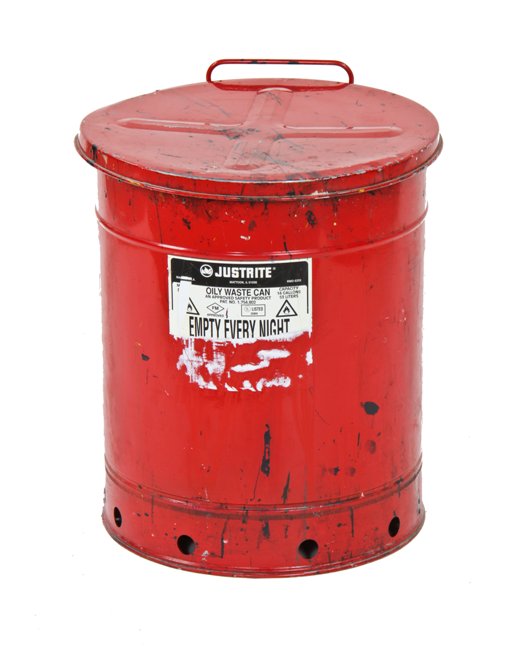 bright cherry red paint "empty every night" galvanized steel factory oily waste can with rolled rim hinged lid