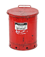 bright cherry red paint "empty every night" galvanized steel factory oily waste can with rolled rim hinged lid