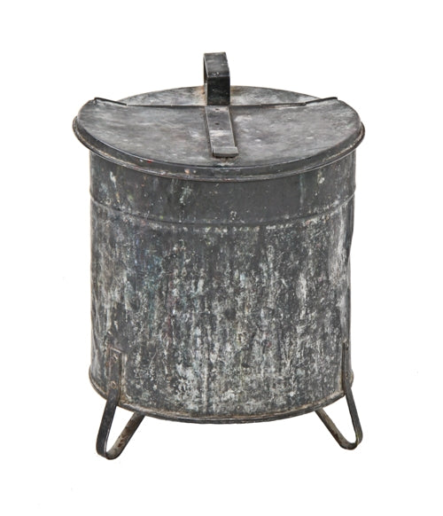 original c. 1930's vintage american industrial galvanized steel oily rag factory waste can with intact rolled rim hinged lid