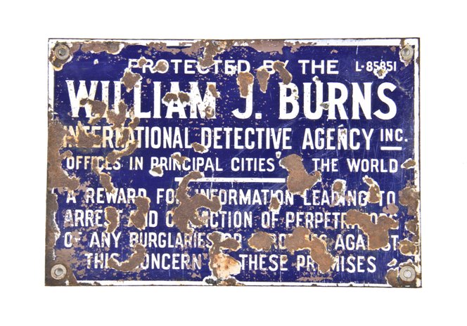 original single-sided cobalt blue porcelain enameled exterior bank building "international detective" cautionary sign