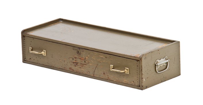 c. 1930's custom-built painted wood factory machinist precision instrument "desk" with single lockable pull-out drawer