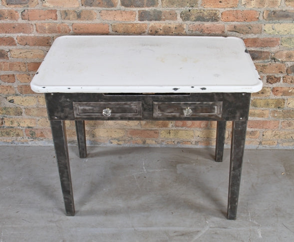 largely intact c. 1930's vintage american industrial brushed steel side table with two matching pull-out drawers