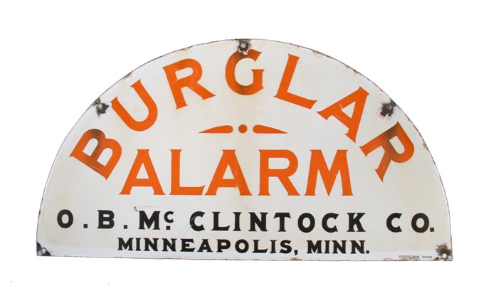 original c. 1930's single-sided die cut steel porcelain enameled "burglar alarm" exterior bank building arched sign