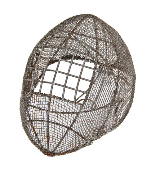 unusual late 19th or early 20th century heavily reinforced galvanized steel mesh fencing mask or helmet with grid-like eye shield