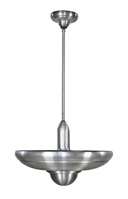 stunning c. 1930's depression era american art deco machine age interior saucer-shaped spun aluminum "alzak" electric pendant light chicago theater ceiling fixture