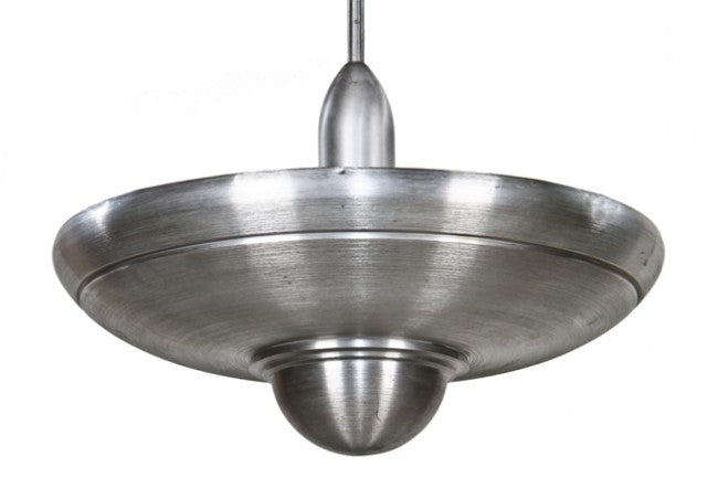 stunning c. 1930's depression era american art deco machine age interior saucer-shaped spun aluminum "alzak" electric pendant light chicago theater ceiling fixture