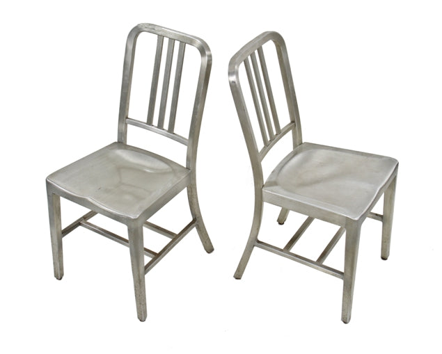 pair of original c. 1940's american machine age lightweight brushed aluminum slat-back interior office side chairs