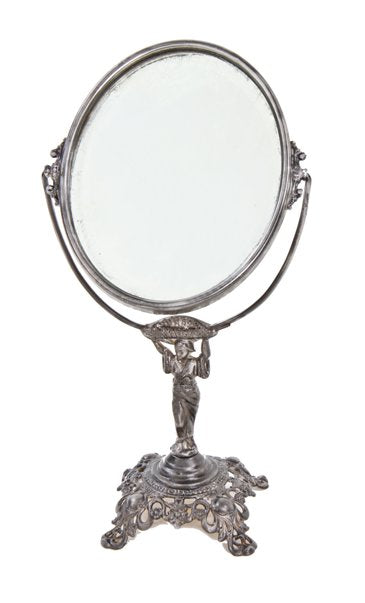 unusual early 20th century antique american anglo-japanese style figural vanity mirror featuring a statuary geisha girl