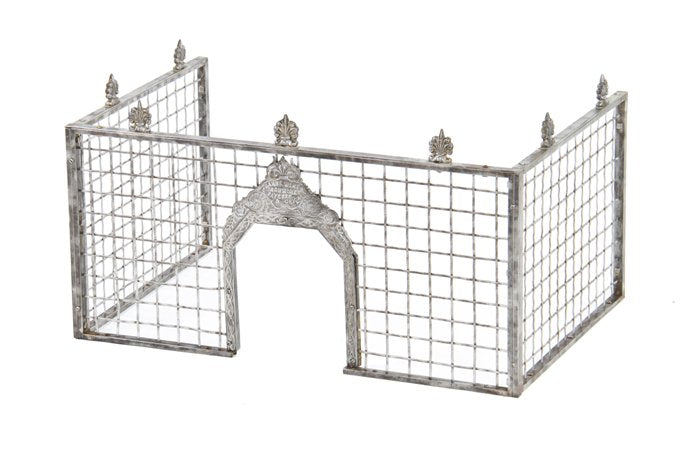 original late 19th century interior three-sided crimped steel square mesh bank teller cage with ornamental cast iron plaque