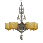 all original and completely intact c. 1930's depression era american art deco style slip shade ceiling fixture with pressed amber glass shades