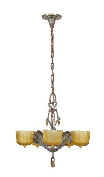 all original and completely intact c. 1930's depression era american art deco style slip shade ceiling fixture with pressed amber glass shades