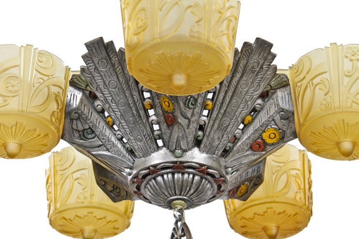 all original and completely intact c. 1930's depression era american art deco style slip shade ceiling fixture with pressed amber glass shades