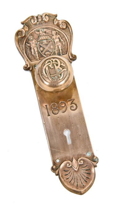 original late 19th century ornamental cast bronze harlem courthouse building interior office door monogrammed hardware