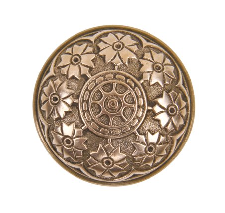 perfectly intact 19th century antique american ornamental cast brass passage size doorknob with surrounding floral rosettes