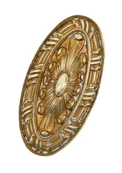 original early 20th century ornamental cast brass oval-shaped "dreux" pattern passage size antique doorknob